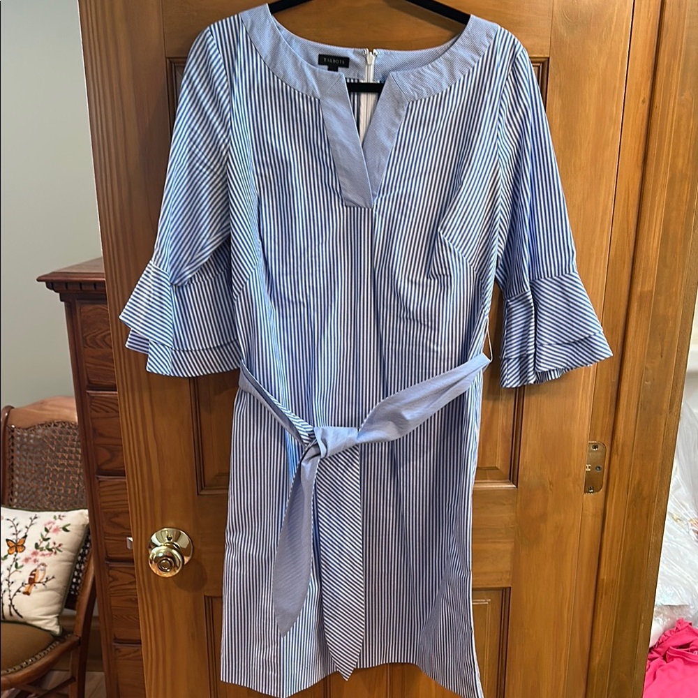 Talbots Blue Ruffled Tie Front Sheath Dress with pockets